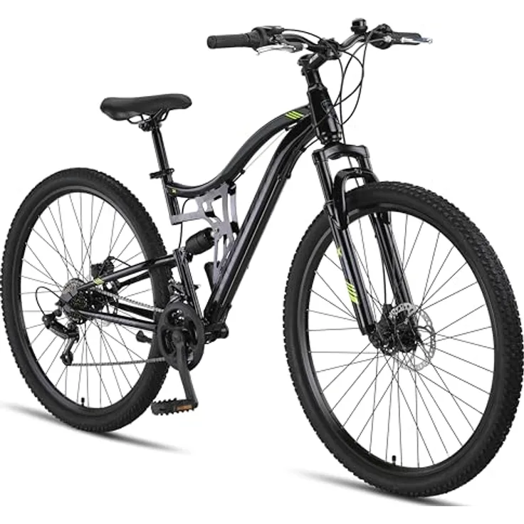 Chillaxx Bike Falcon Premium Mountainbike in 24 und 26 Zoll - Fahrrad für Jungen, Mädchen, Damen und Herren - Scheibenbremse- 21 Gang-Schaltung - Vollfederung (Schwarz-Disc-Bremse, 29 Zoll)