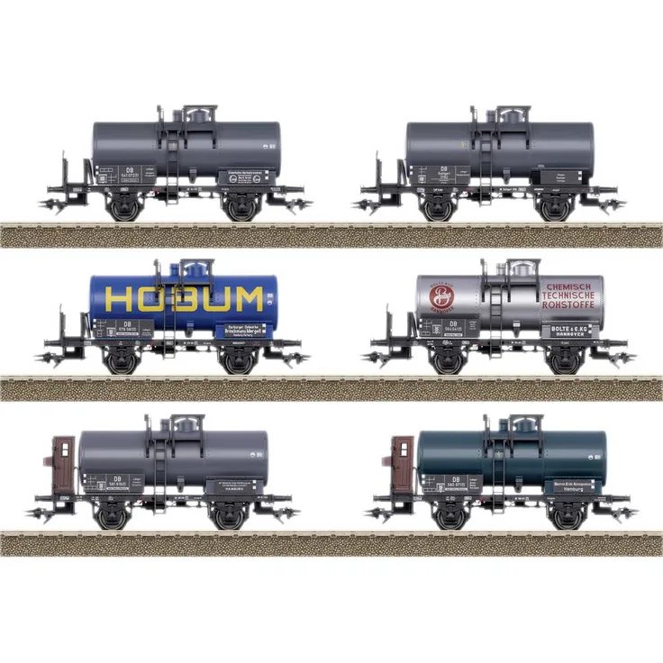 TRIX H0 24170 H0 6er-Kesselwagen-Set der DB, detailgetreue Modelle mit 19,2 m³ Fassungsvermögen, 4 Wagen ohne und 2 mit Bremserhaus, Betriebszustand 1950-1959