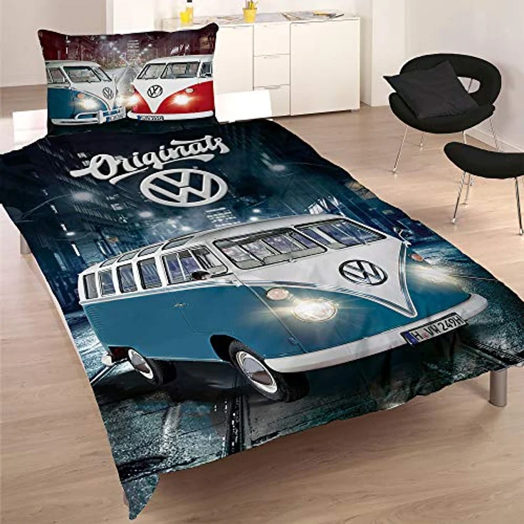BERONAGE VW Volkswagen Bulli Bettwäsche Originals Rot/Blau 135 cm x 200 cm + 80 cm x 80 cm VW-Bus T1 100% Baumwolle Linon/Renforcé Retro Camper Van 2 Motive Wendebettwäsche Reißverschluss 087, Kinderbettwäschen – Bild 3