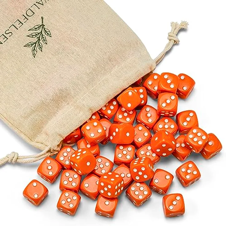 Waldfelsen Acryl Würfel Set, 50 Stück 16 mm in Orange, Hochqualitative 6-seitige Knobelwürfel mit Baumwollstoffbeutel – Bild 2
