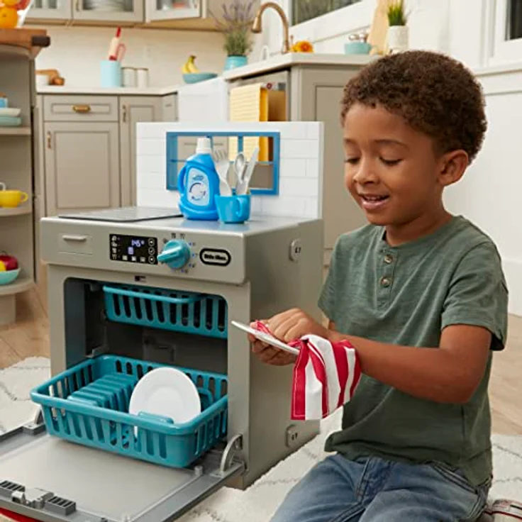 Little Tikes First Dishwasher - Realistisches Spielgerät für Kinder mit 14 Küchenaccessoires, interaktiv, grau – Bild 4