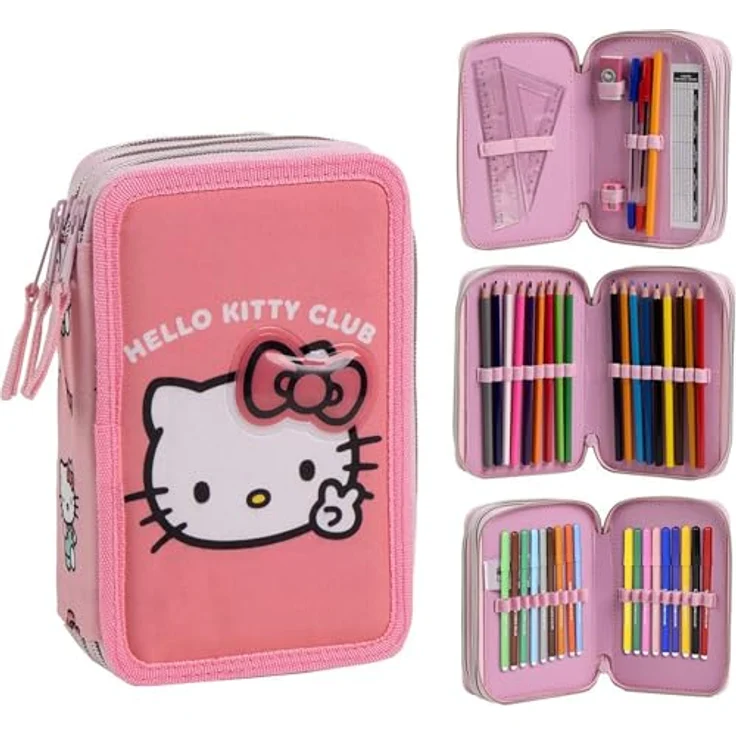 Hello Kitty Federmäppchen gefüllt, Schulutensilien-Set mit 24-teiligem Zubehör für Kinder, bunt – Bild 1