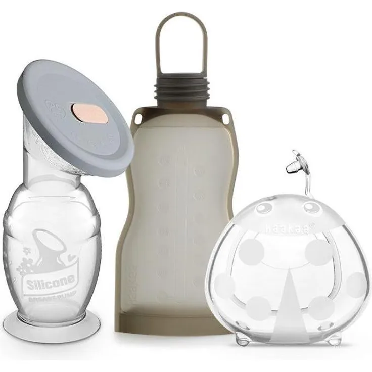 Haakaa Express & Collect Reise Set, Silikonmilchpumpe 150 ml mit hygienischem Silikondeckel und 75 ml Milchauffänger, umweltfreundlich