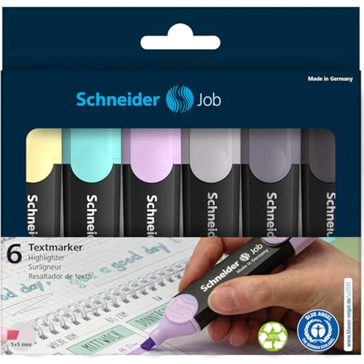 Schneider Job 150 Textmarker Pastell, 6er Etui in türkis, flieder, vanille, taupegrau, mauvegrau, schiefergrau, aus recyceltem Kunststoff, ausgezeichnet mit „Blauer Engel“ – Bild 5