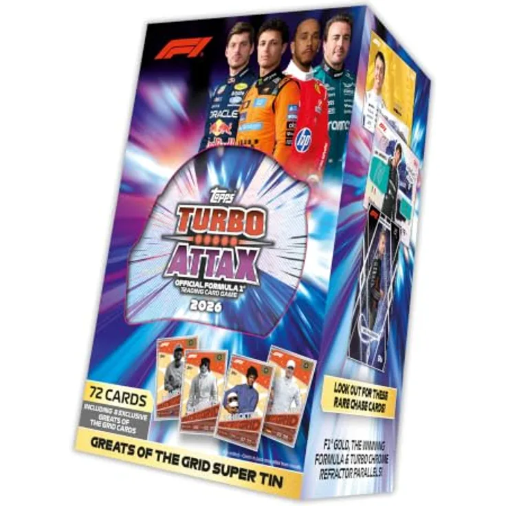 Topps 2026 Turbo Attax TCG - Formel 1 Super Tin, Sammeldose mit 72 Karten, inklusive 8 Limited-Edition-Karten und seltenen Relic-Karten