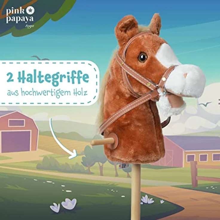Pink Papaya Steckenpferd, Mr. Brownie, süßes Spielzeug Pferd aus Plüsch mit Sound Funktion Gewieher und Galoppgeräusch - Farbe: braun mit Blonder Mähne – Bild 2