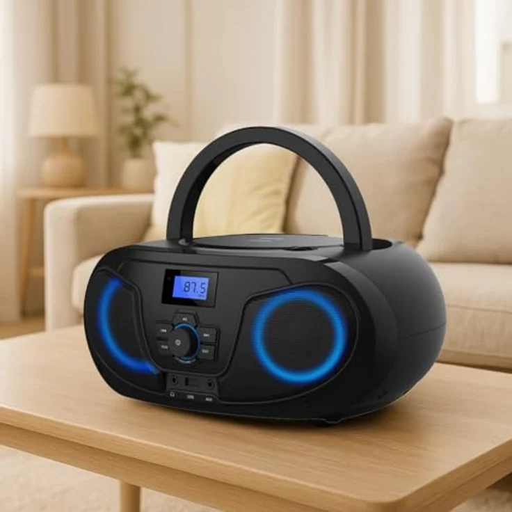 Silva Schneider MPC 25.7 BT, Tragbarer CD-Player mit Bluetooth, UKW-Radio, USB-MP3 Wiedergabe, Stereo Sound, 5 Klangprofile, LCD-Display, LED-Beleuchtung, Netz- & Batteriebetrieb, AUX & Kopfhörer – Bild 4