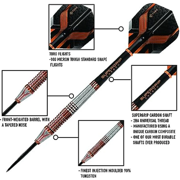 Harrows Toro 90% Steeldarts, 23 Gramm mit Schwarz/Gold Intermediate Supergrip Carbon Shafts und neuen Harrows Toro Flights – Bild 5