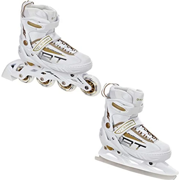 RAVEN Profession 2in1 Schlittschuhe Inlineskates Inliner, verstellbar für Kinder und Erwachsene, White/Gold, Größe 31-35 (20,5cm-23cm)