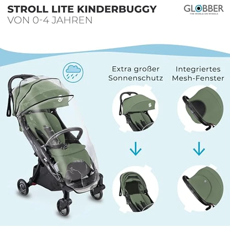 Globber Stroll Lite, Kinderwagen bis 22 kg, kompakter Reisebuggy mit verstellbarer Rückenlehne, Sonnenschutz und 1-Hand-Falt-Automatik, oliv grün – Bild 2