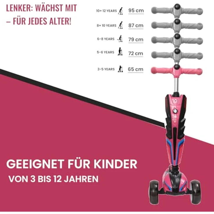 Habib Gruppe Kinderroller LED Leuchträder, 3 Rad Tretroller, klappbar, höhenverstellbar (65-95 cm), bis 50 kg, pink, für Mädchen & Jungen, 3-12 Jahre – Bild 4