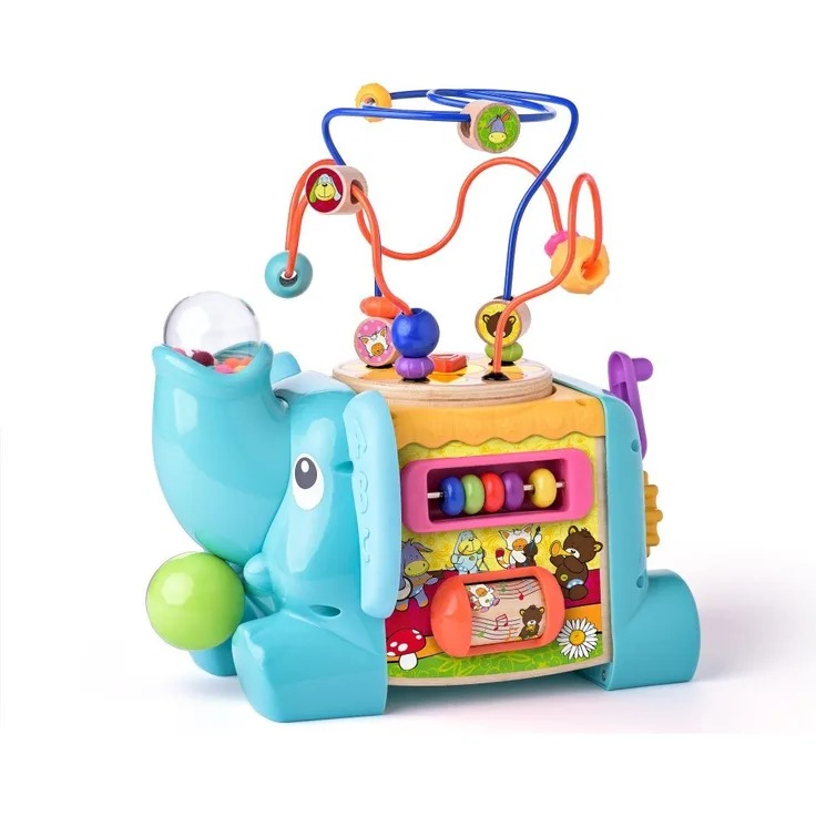Woodyland Lernspielzeug 700025 Activity Center Elephant, didaktisches Activityspielzeug mit Motorikschleife, Schiebe-Labyrinth und buntem Zahnradspiel, Holz und Kunststoff
