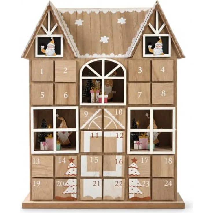 INtrenDU Adventskalender aus Holz, LED-Haus mit 24 Schubladen, Naturholz mit weißen und roten Verzierungen, 37 cm