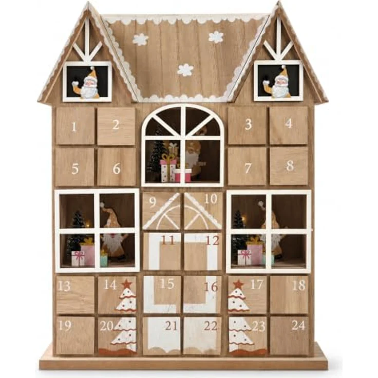 INtrenDU Adventskalender aus Holz, LED-Haus mit 24 Schubladen, Naturholz mit weißen und roten Verzierungen, 37 cm – Bild 1