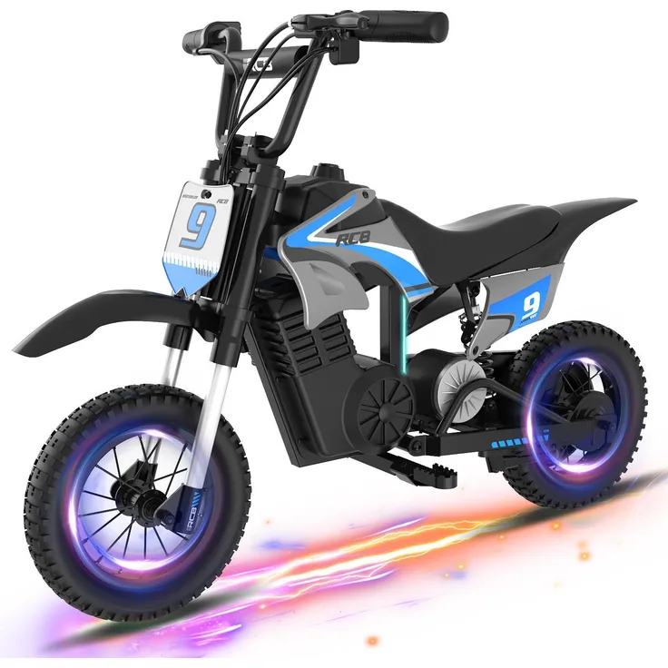 RCB R9X PRO Elektromotorrad für Kinder, 350W Motor mit 16KM Reichweite, bunte Lichter, 3 Geschwindigkeitsmodi, Moto Cross für 4–12 Jahre