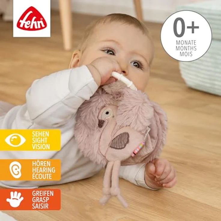 Fehn Greifspielzeug Flamingo, weiches Stoffbuch mit Quietsche, Raschelpapier und Befestigungsring, pink – Bild 3