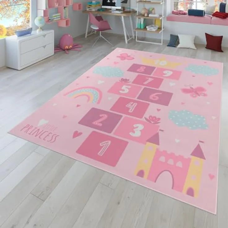 TT Home Kinderteppich Babyzimmer, rutschfest, mit Tiere Weltkarte und Autos, pink, 80x150 cm, 100% Polyester, STANDARD 100 by OEKO-TEX