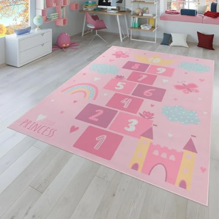 TT Home Kinderteppich, rutschfester Babyzimmer Teppich mit Tiere Weltkarte und Autos, pink, 140x200 cm – Bild 1