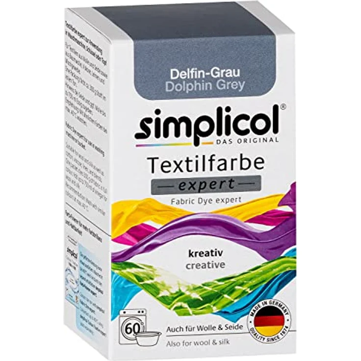 simplicol Textilfarbe expert Delfin-Grau 1717 - Zum Umfärben und Auffrischen von Kleidung, Waschmaschinenfest, für Baumwolle, Wolle, Seide, Leinen, Viskose & Mischgewebe – Bild 1