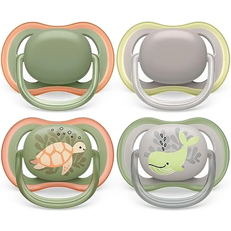 Philips AVENT ultra air Schnuller SCF085/66, 4er Pack, BPA-frei, atmungsaktiv mit großen Luftlöchern, inkl. Transport- und Sterilisationsbox, Schildkröte/Wal, für Babys 6-18 Monate