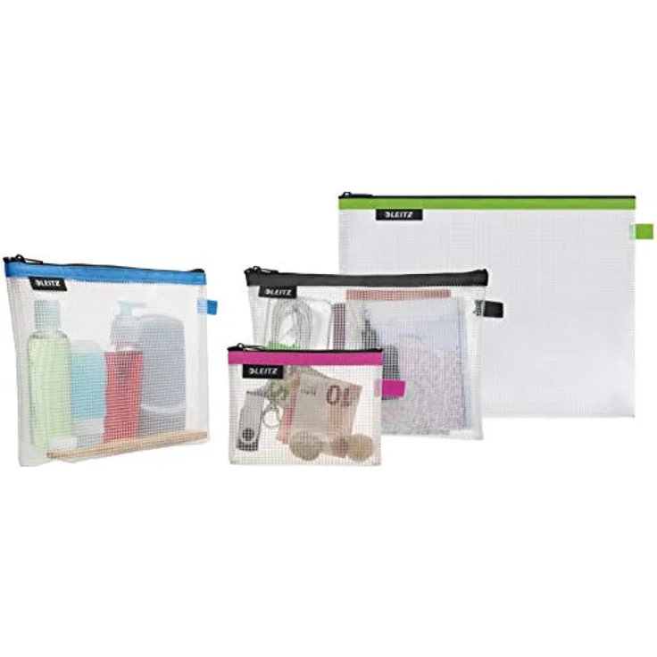 Leitz 4er-Set WOW Traveller Zip-Beutel, Transparent, Ideal zur Organisation, Wasserabweisend, Größe: S (pink), M (schwarz), L (grün) und die Kosmetiktasche (blau), 40160099 – Bild 2