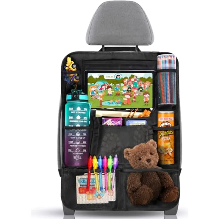 Diboniur Rückenlehnenschutz Auto Kinder, Auto Organizer mit 10 Taschen, transparenter Tablet-Halter für iPad bis 10,5 Zoll, dicke Ausführung, schwarz