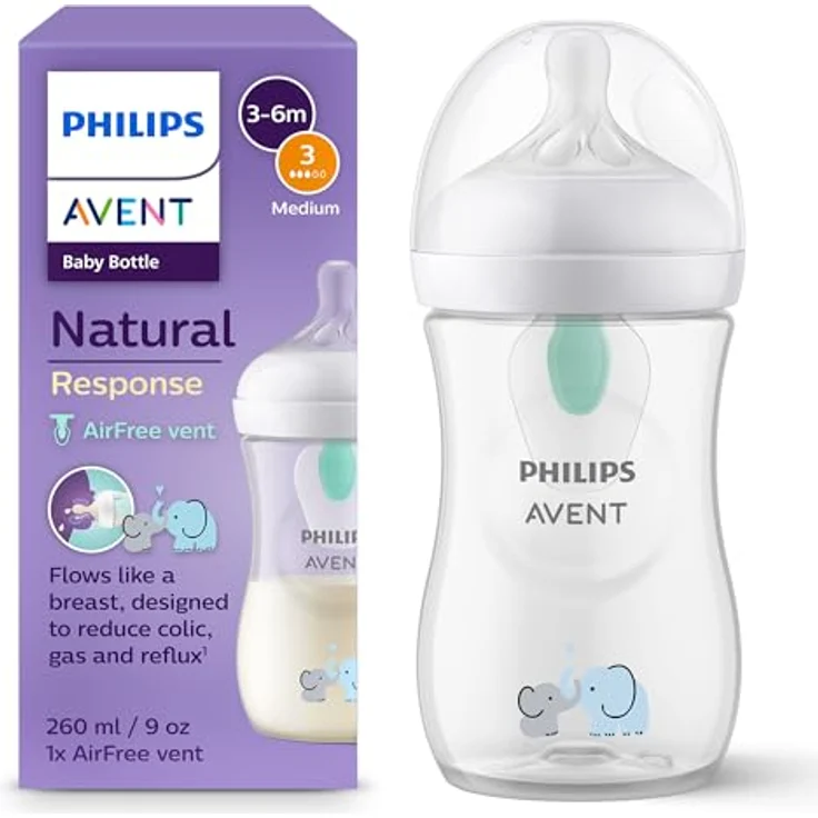 Philips Avent Natural Response Babyflaschen – Babyflaschen mit AirFree Ventil, 260 ml, BPA-frei, für Neugeborene ab 1 Monat, Elefantenmotiv (Modell SCY673/81) – Bild 2