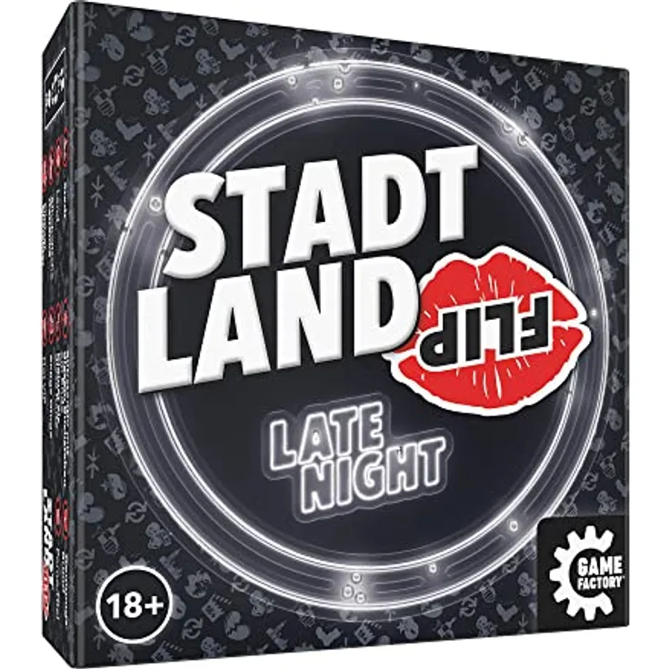 Game Factory 646311 Stadt Land Flip Late Night, das superschnelle Wortspiel für Erwachsene, für 2-6 Spieler ab 18 Jahren, Reisespiel in der praktischen Kartonbox