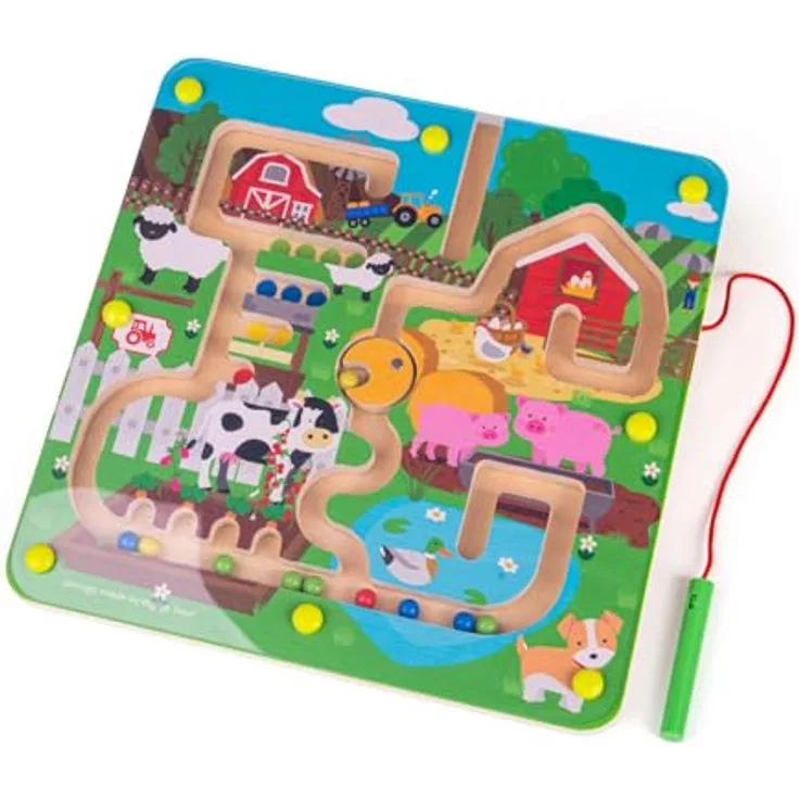 Bigjigs Magnetic Maze Game - Farm, Holzspielzeug zur Förderung der Feinmotorik und Hand-Augen-Koordination, 22.5 x 22.5 cm