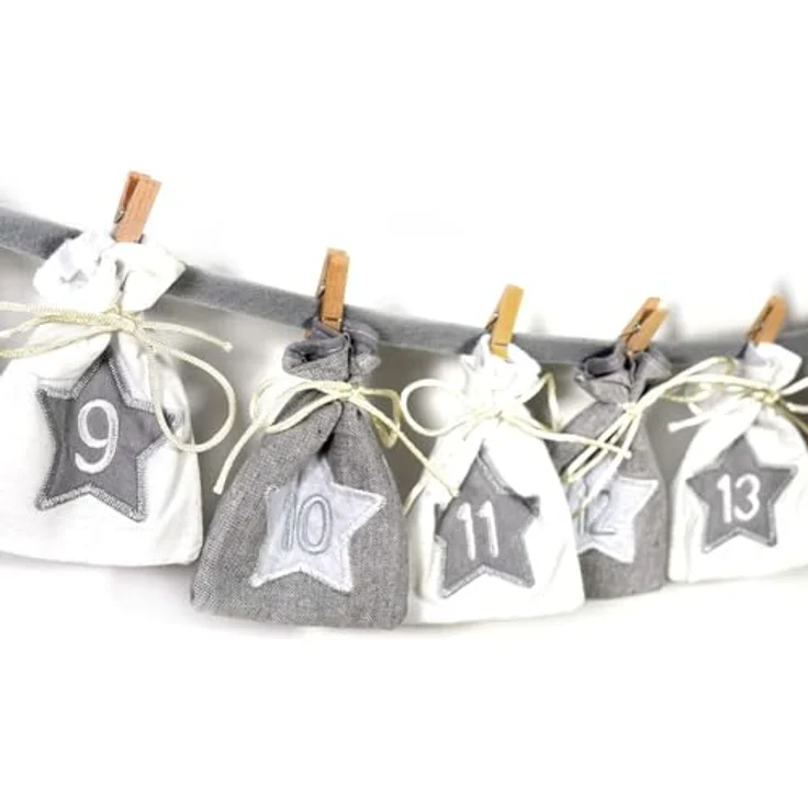 Frau WUNDERVoll® Adventskalender zum Befüllen - Stoff, grau weiß/Weihnachtskalender Zahlen Beutel Sack Säcke Säckchen Stoffbeutel Baumwolle Baumwollsäckchen Geschenkbeutel Stoffsack Stoffsäckchen - Wiederverwendbarer Stoff-Adventskalender mit aufgestickten Sternen und Zahlen, ideal für Kleinigkeiten – Bild 5