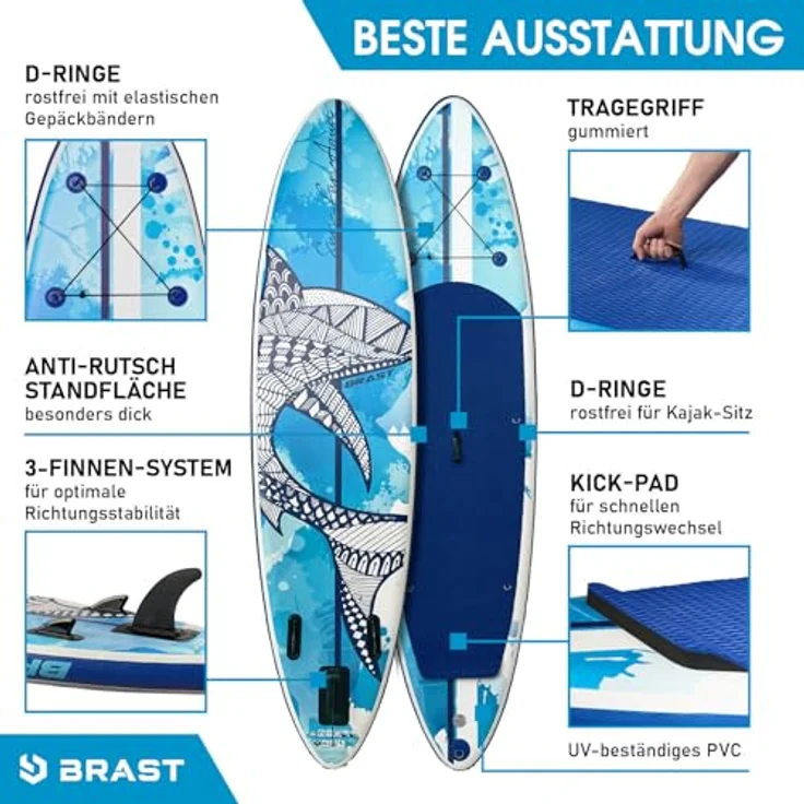 BRAST® SUP Board Shark, Aufblasbares Stand Up Paddle Set, 320x81x15cm, bis 140kg tragbar, inkl. Kajaksitz und Zubehör, 8 Designs, 5 Jahre Garantie – Bild 5