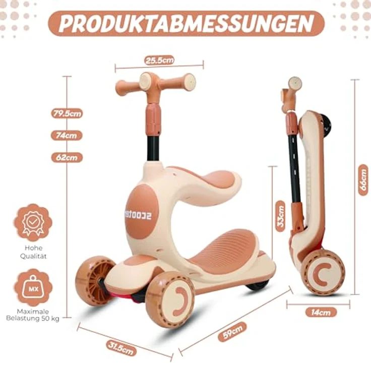 Habib Gruppe 3-in-1 Kinder Roller Dreirad mit Sitz & LED Rädern, höhenverstellbar & faltbar, Khaki, ideal für Kinder 2-10 Jahre, sicher & robust – Bild 5
