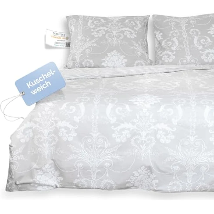 ZIRVEHOME Bettwäsche 135x200 cm. grau, 100% Baumwolle/Renforcé, 2 teilig Set Wende bettbezug aus Baumwolle mit weiß barock Muster, Verdeckter Reißverschluss, 1 mal Kissenbezug 80x80 cm. Alone V1 - Preisvergleich – Bild 2