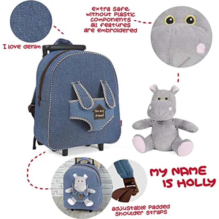 PERLETTI Plüschtier Kindergepäck Rucksack für Kinder - Abnehmbare Räder - 28x32x11 cm (Nilpferd) – Bild 3