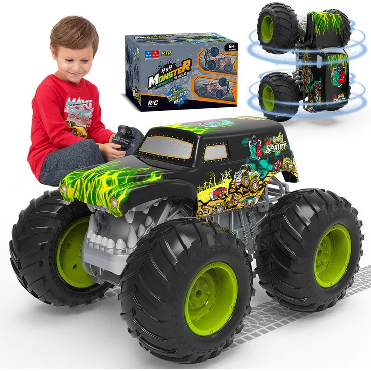 Esun RC-Auto Monster Truck Ferngesteuert mit Licht 360°Drehung, 1:16 Amphibienfahrzeug, 2 Akkus & Spektakuläre Stunts, 2.4GHz Ferngesteuert (SET, LED-Lichter) - Esun