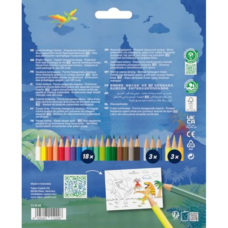 Faber-Castell 111222 - Kartonetui mit 24 Buntstiften - 18 klassische Farben, 3 Neon- und 3 Metallic-Farben, Dinosaurier-Edition – Bild 2