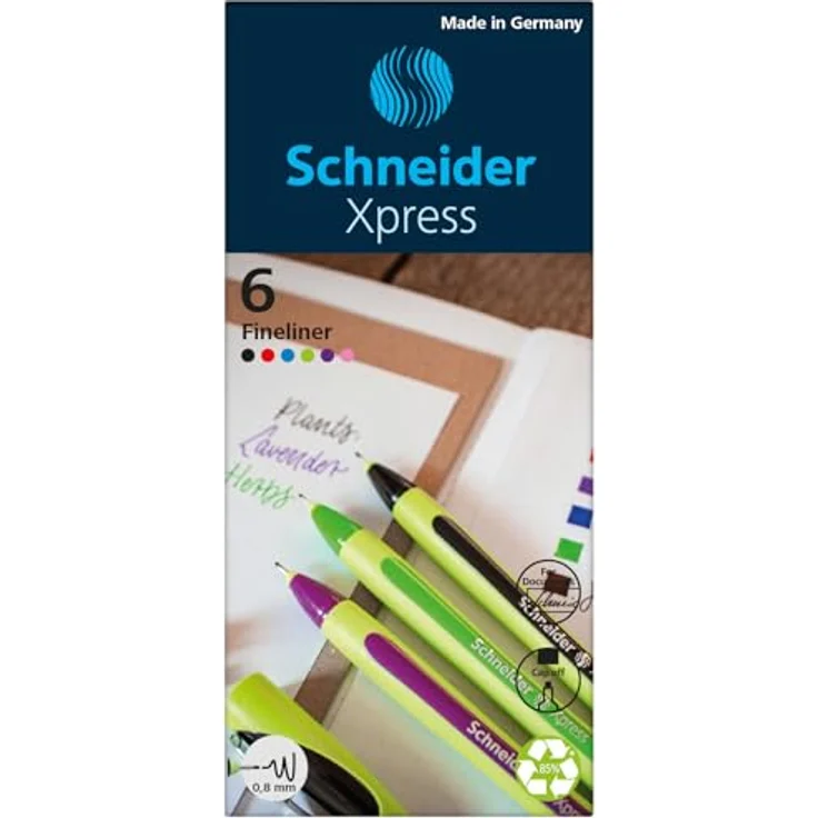 Schneider Xpress Fineliner, farbsortiert, 0,8 mm, 6 St., dokumentenecht, gummierter Schaft, metallverstärkte Spitze – Bild 5