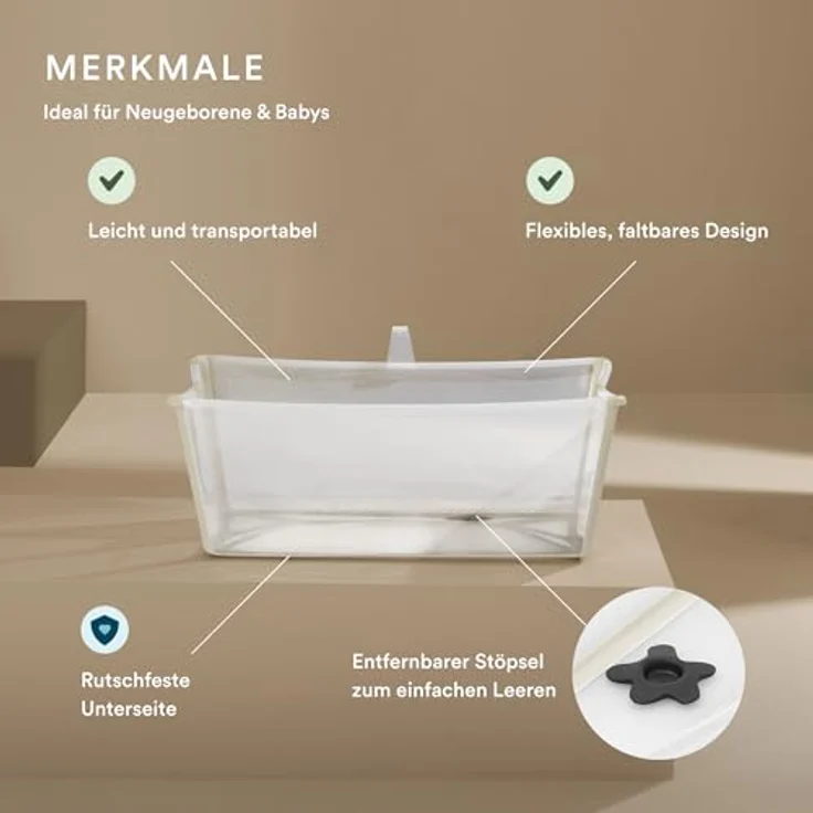 Stokke Flexi Bath, faltbare Babybadewanne in Sandy Beige, leicht & robust, ideal für Neugeborene und unterwegs – Bild 2