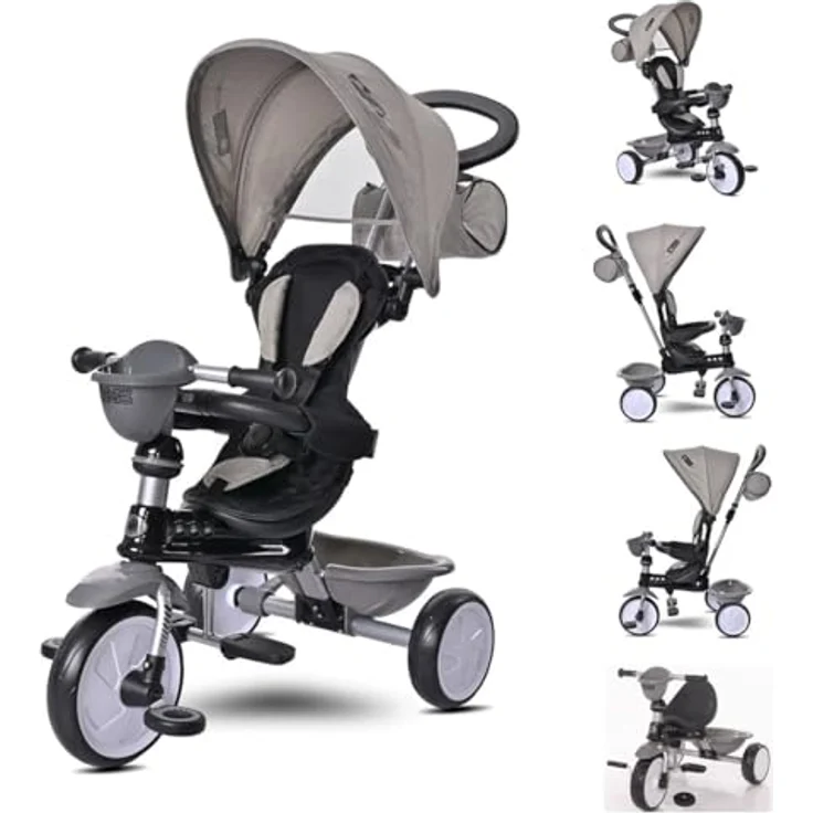 Lorelli Tricycle One 3 in 1, Dreirad mit EVA-Reifen, Schiebestange, Anti-Rutsch Pedalen, umbaubar, Farbe: hellgrau – Bild 1