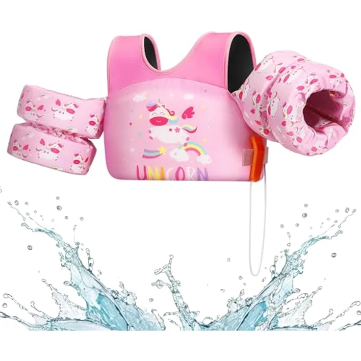 HeySplash Kinder Schwimmflügel, Cartoon Kein Aufblasen Schwimmgürtel mit 2 Sicherheitsschnalle, Rosa Einhorn – Bild 1