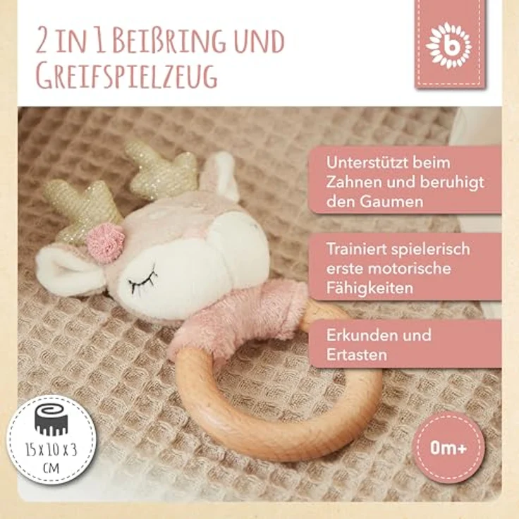 Bieco Plüschgreifling Reh mit Rassel 14 x 9 cm beige/ rosa – Bild 3