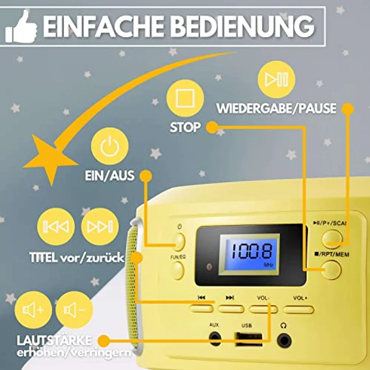 Cyberlux Tragbare Boombox CD-Player mit FM Radio, AUX-In, USB, und Kopfhöreranschluss, glamour gelb – Bild 3