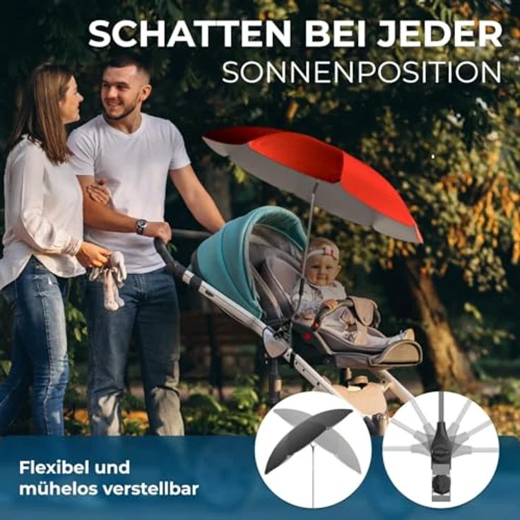 STYNGARD Sonnenschirm Kinderwagen Modell ROME, UV Schutz 50+, 70 cm Durchmesser mit Überhang, rot – Bild 4