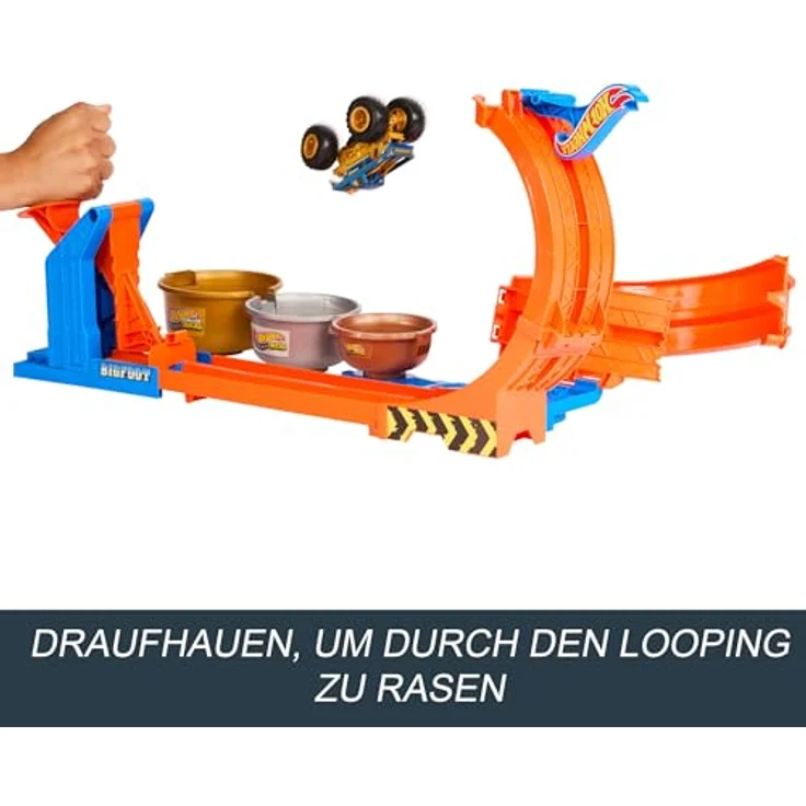 Hot Wheels Monster Trucks Loop & Flip Challenge, Autorennbahn mit 2 Spielmöglichkeiten, Bigfoot Die-Cast im Jubiläumsdesign, 1:64 Maßstab – Bild 3