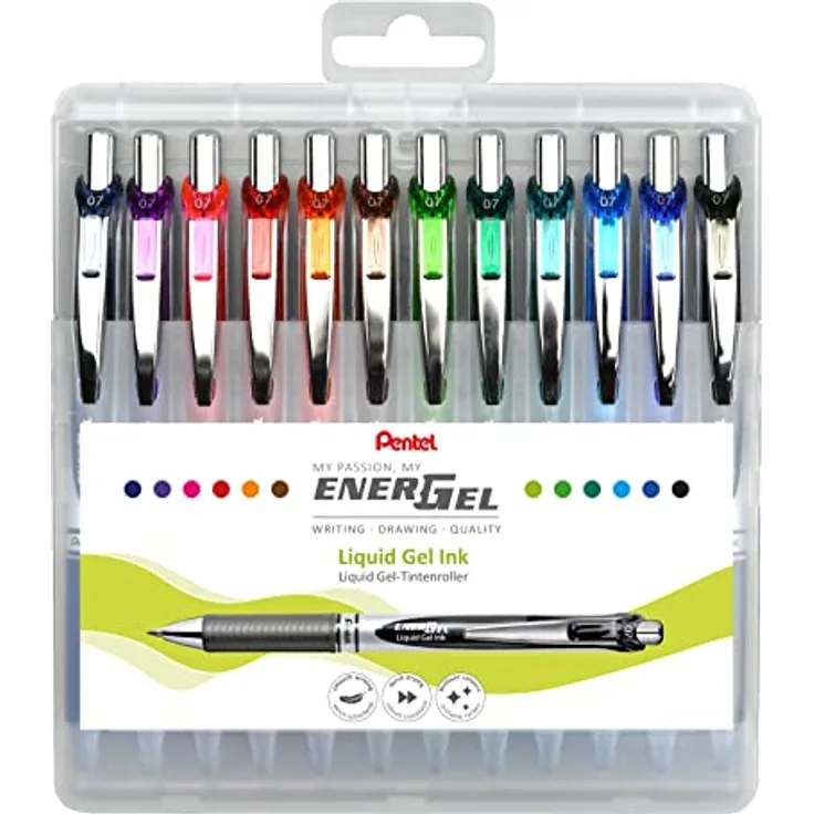 Pentel EnerGel Tintenroller Set, 12er-Etui mit 0,35 mm Metallspitze, Flüssiggelfüller
