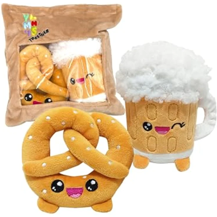 Joy Toy Plüsch - Bier und Brezel Kuscheltiere, 2er-Pack flauschig-weiche Plüschfiguren, 15 cm, inklusive Take Away Tasche 21 x 21 cm – Bild 1