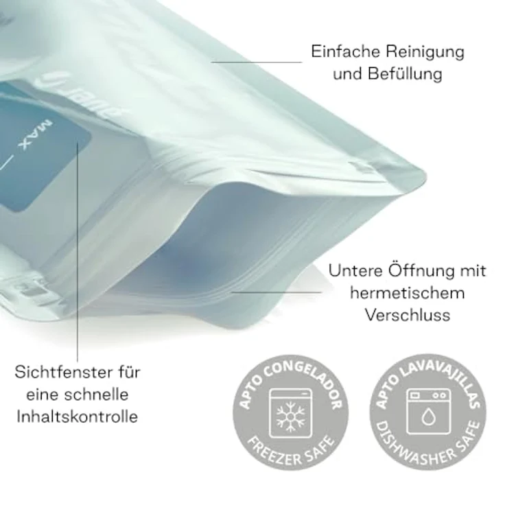 Jané Wiederverwendbare Quetschbeutel 200 ml, 12 Stück, BPA-frei, spülmaschinen- und gefriergeeignet, mit Sichtfenster – Bild 3