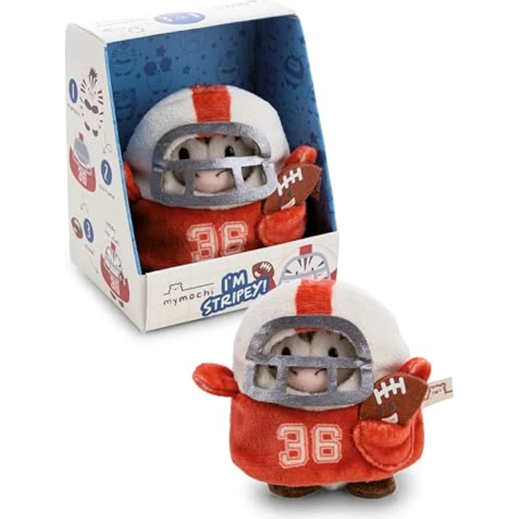 NICI Kuscheltier Zebra Stripey 8cm mit Footballkostüm und Football in Geschenkbox, braun, mymochi Kawaii-Design, weich und kuschelig – Bild 1