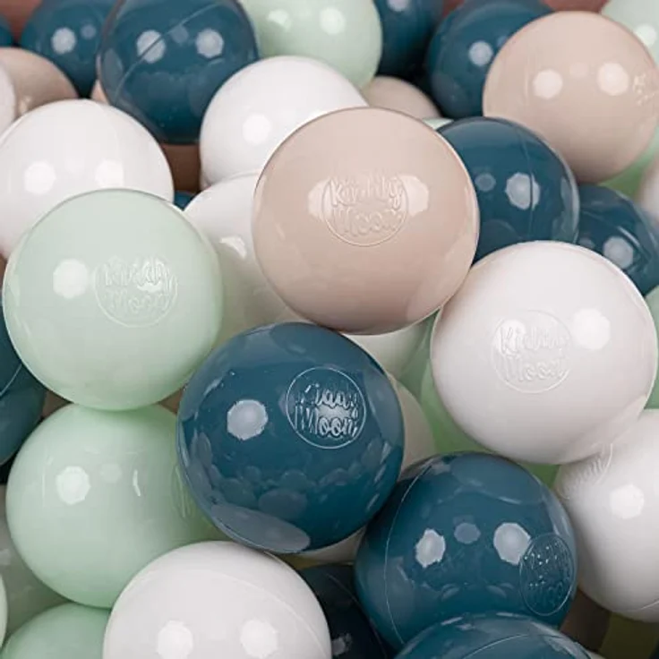KiddyMoon 300 Bälle, 7 cm Einfarbige Plastikbälle für Bällebad in Dunkeltürkis/Pastellbeige/Weiß/Minze, Eurofins-zertifiziert, BPA-frei, Made in EU – Bild 1