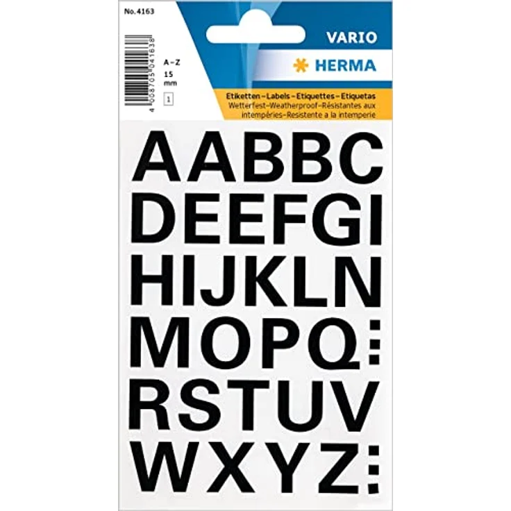 HERMA 4163 Buchstaben Aufkleber schwarz, Schriftgröße 15 mm, 36 Stück, selbstklebend, wetterfest, groß, Alphanet Sticker Klebebuchstaben A-Z aus Folie zum Aufkleben, transparent – Bild 1